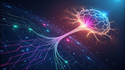 Vibrant neuron network with glowing connections and circuits