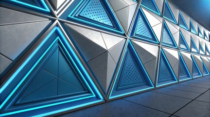 Futuristic blue triangle metal wall with glowing accents