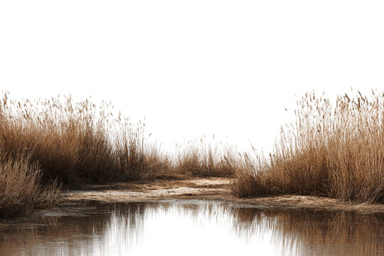 Marshland ecosystem with tidal waters and reeds isolated on transparent background