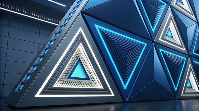 Futuristic blue triangular LED lights on modern architectural wall - Powered by Adobe