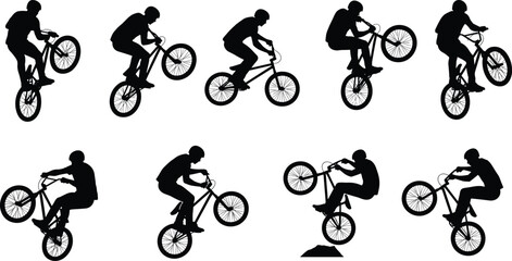 Obraz premium BMX bike stunt silhouette vector, extreme sports illustration, cyclist performing tricks, action pose set, freestyle biking concept, black icon design