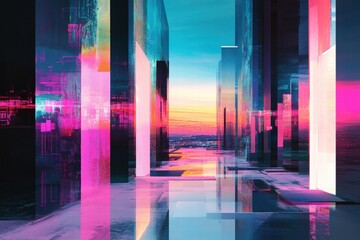 Glowing futuristic corridor with reflective surfaces