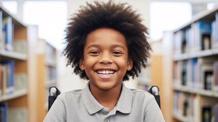 Happy smiling young girl with curly hair sitting in a wheelchair in a library surrounded by books and smiling brightly at the camera