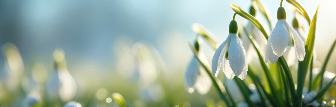 Tiny white snowdrop flowers bloom in soft morning light. Delicate petals covered in dew drops emerge from green stems and leaves after winter. Bright spring nature awakens. - Powered by Adobe