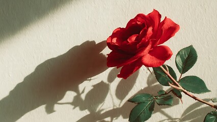 A single red rose with green leaves casts a shadow on a beige wall in natural light.