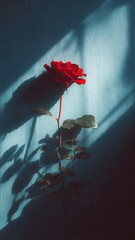 A single red rose stands against a blue wall with shadows cast by sunlight