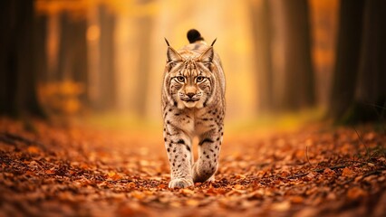 Majestic tiger walking through a vibrant autumn forest with golden leaves creating a stunning natural scene perfect for wildlife and nature enthusiasts
