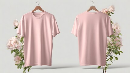 Showcasing a light pink t-shirt mockup fashion studio apparel design indoor setting front and back view floral concept for enhanced visual appeal.