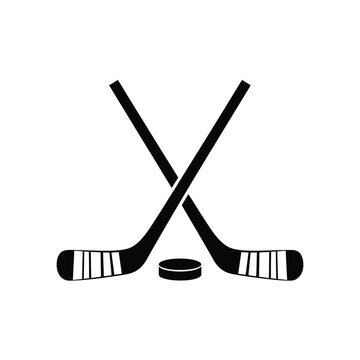 A minimalist depiction of two crossed hockey sticks alongside a black puck representing the sport s core elements