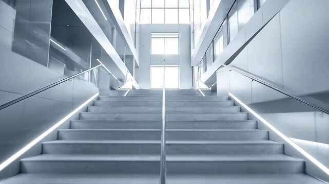 Modern Interior Staircase Illuminated By Overhead Lighting And Symmetric Architectural Design