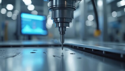 Automated industrial machine with probe inspects metal surface. High precision device works on manufacturing floor. Modern tech ensures accuracy in production.