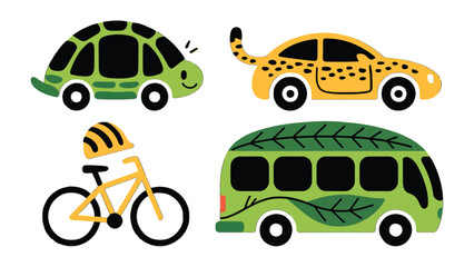 Whimsical transport: delightful illustration of a turtle car, cheetah car, bus, and bike © Ajhar234