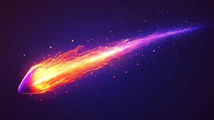 Flying cosmic meteor, planetoid, or comet with neon fireball trails and light arcs, isolated on transparent background, creating dynamic sci-fi and space effects.
