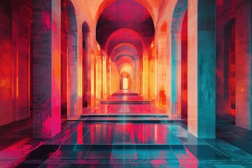 Grand futuristic hall with glowing arches