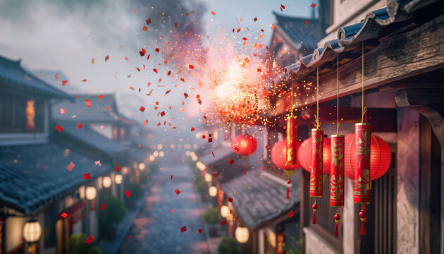 Exploding Firecrackers with Smoke and Red Confetti