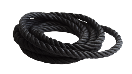 High-resolution studio photograph of a black tied rope with a clear visible knot, detailed texture and fibers, realistic lighting, sharp focus, minimal composition, isolated on white background.