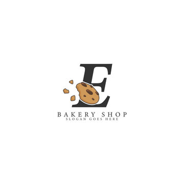 Letter E logo with cookie illustration. Alphabet E Icon representing bakery, sweets, and food branding