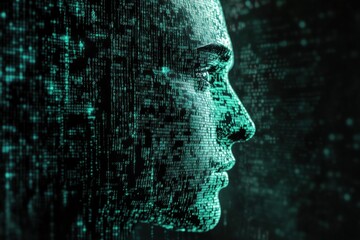 Green digital face formed by data streams