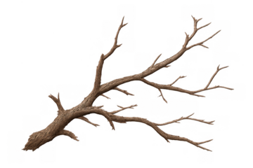 Dead tree branch with dry bark on a transparent background, representing nature, decay, and environmental concepts