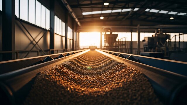 Industrial warehouse interior with conveyor belt filled with granular material during sunset with sunlight streaming through large windows and open doors creating warm lighting effects