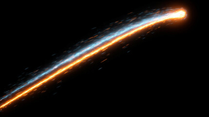 Flying cosmic meteor, planetoid, or comet with neon fireball trails and light arcs, isolated on transparent background, creating dynamic sci-fi and space effects.

