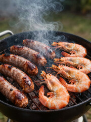 Australian Barbecue with Sausages and Prawns on Grill