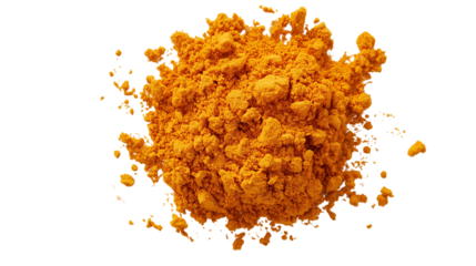 High-resolution studio photograph of fine yellow curcum powder, detailed texture and granules, soft shadows, sharp focus, isolated on white background.