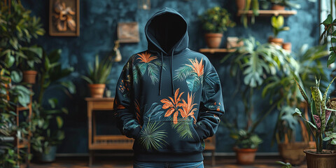 Black hoodie with tropical print in indoor garden setting Generative AI