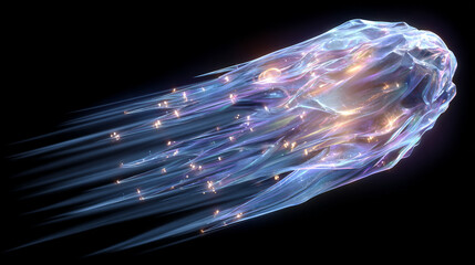 Flying cosmic meteor, planetoid, or comet with neon fireball trails and light arcs, isolated on transparent background, creating dynamic sci-fi and space effects.
