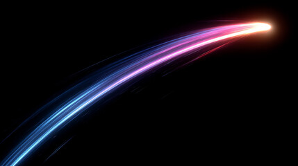 Flying cosmic meteor, planetoid, or comet with neon fireball trails and light arcs, isolated on transparent background, creating dynamic sci-fi and space effects.
