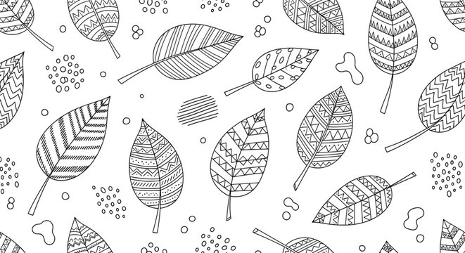 Creative seamless pattern of leaves filled with diverse geometric doodles and patterns in black and white ink style.
