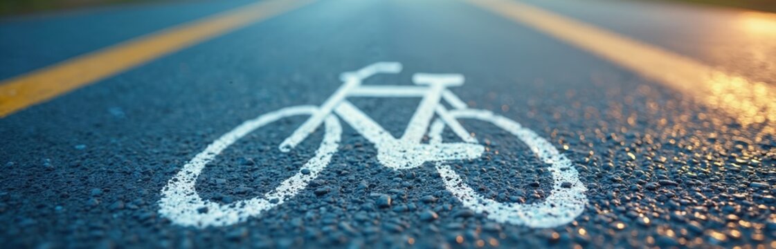 White bicycle symbol painted on fresh dark asphalt with yellow line. Urban road marking for safe cycling path. City infrastructure guides bike traffic.