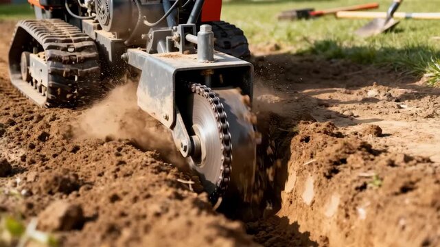 Heavyduty walkbehind trencher cutting through soil on a landscaping project demonstrating powerful trenching capabilities.