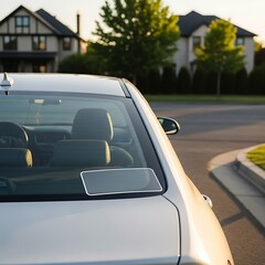 Car parked on suburban street with houses in background.