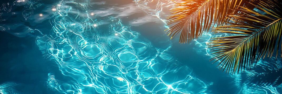 Shadow on blue pool water under palm leaves Generative AI - Powered by Adobe