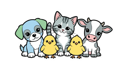 Naklejka premium Playful animal friends: dog, cat, and chicks in a cute cartoon scene.