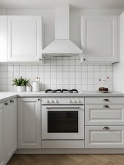 Fototapeta premium Contemporary White Kitchen Interior Design with Herringbone Wood Floor