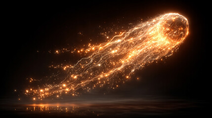 Flying cosmic meteor, planetoid, or comet with neon fireball trails and light arcs, isolated on transparent background, creating dynamic sci-fi and space effects.
