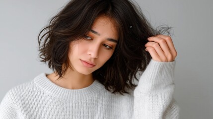 Fototapeta premium A young woman with wavy hair wearing a cozy white sweater gazes thoughtfully downwards. Soft lighting and neutral background create a serene atmosphere.