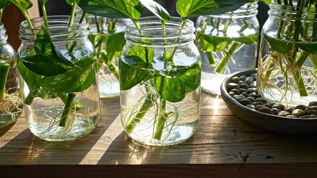 Golden Pothos Propagation In Glass Jars Revealing Roots Growth On Wooden Background  Natural Indoor