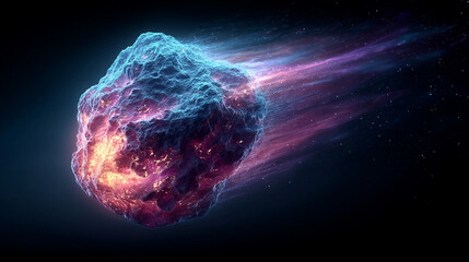 Flying cosmic meteor, planetoid, or comet with neon fireball trails and light arcs, isolated on transparent background, creating dynamic sci-fi and space effects.
