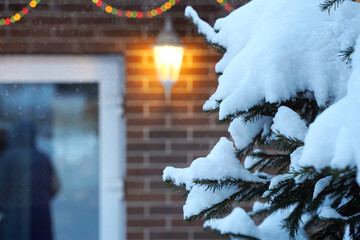 Snow-covered evergreen tree with soft white branches, illuminated by warm light from a vintage lantern, creating a cozy winter atmosphere with holiday decorations in the background
