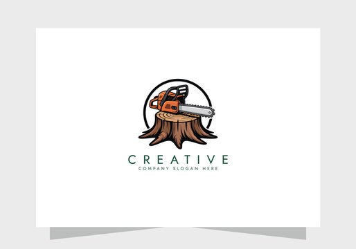 chainsaw logo tool vector illustration logo design, Concept of woodworking industrial, chainsaw repair and wood cutting service.