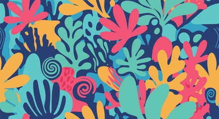 Vibrant abstract seamless pattern of organic seaweed shapes and coral-like elements in pink, teal, and orange colors.