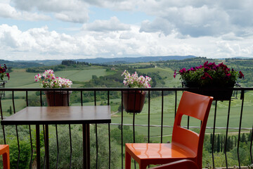 View of the surrounding countryside from a terrace in Peccioli village . Pisa, Tuscany Italy