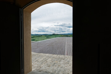 View from a window of the panoramic terrace and surrounding countryside in Peccioli village . Pisa, Tuscany Italy