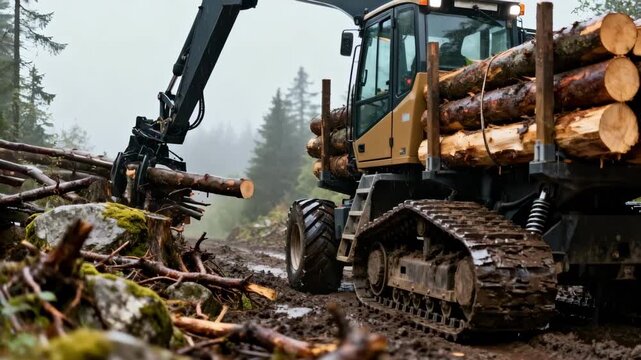 Close medium shot of a forestry skidder crossing uneven forest terrain demonstrating stable log transport and machine durability in variable weather.