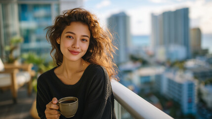 Woman sitting comfortably on a sleek balcony, holding coffee, soft breeze moving her hair, city buildings blurred behind, warm daylight creating a peaceful, uplifting atmosphere