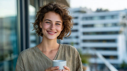 Close-up of happy woman smiling with a coffee mug on balcony, modern urban backdrop softly out of focus, warm natural light highlighting her expression, serene morning routine conc