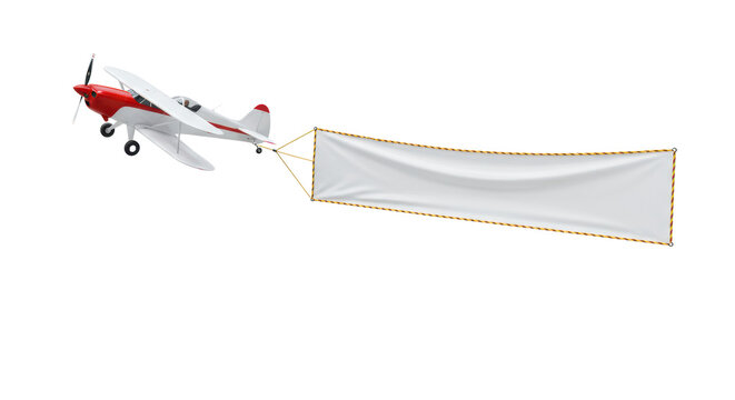 A vintage white and red taildragger aircraft pulling a long blank banner against an transparent background, high-angle view. Aerial advertising mockup concept